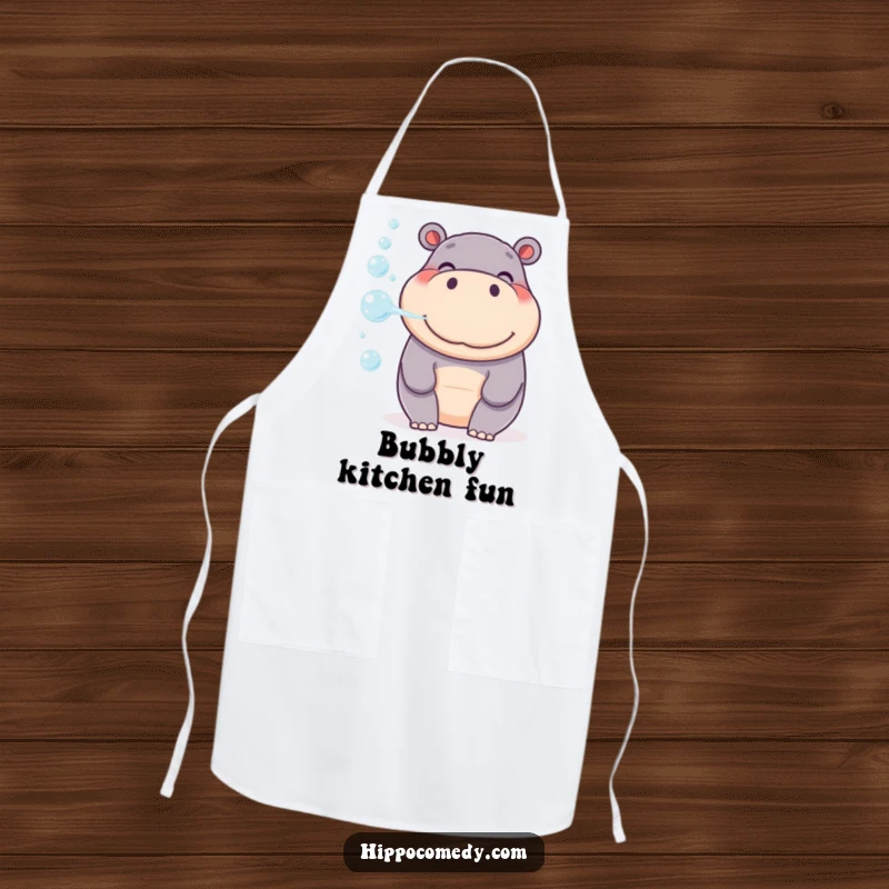 Funny Hippo Bubble Apron, a smiling hippo gently blowing a stream of colorful bubbles, perfect for kitchen use.