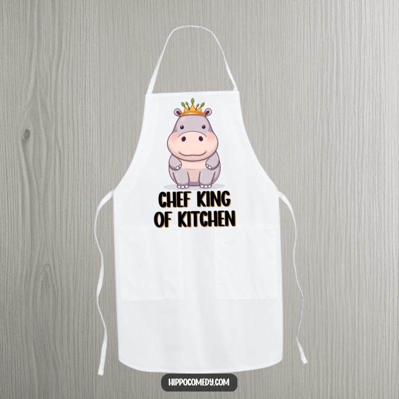 Funny apron depicting a proud hippopotamus wearing a tiny crown of reeds, perfect for regal kitchen tasks.