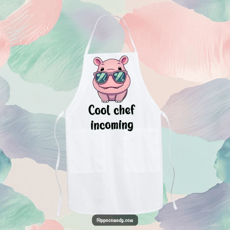 Funny Kawaii Hippo Apron, a cool hippo in oversized sunglasses, perfect for kitchen fun and protection.