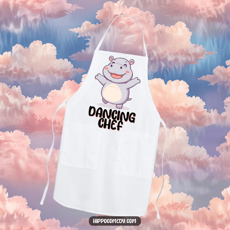 Funny apron featuring a joyful hippo dancing with wiggling feet, perfect for humorous cooking and adding festive flair.