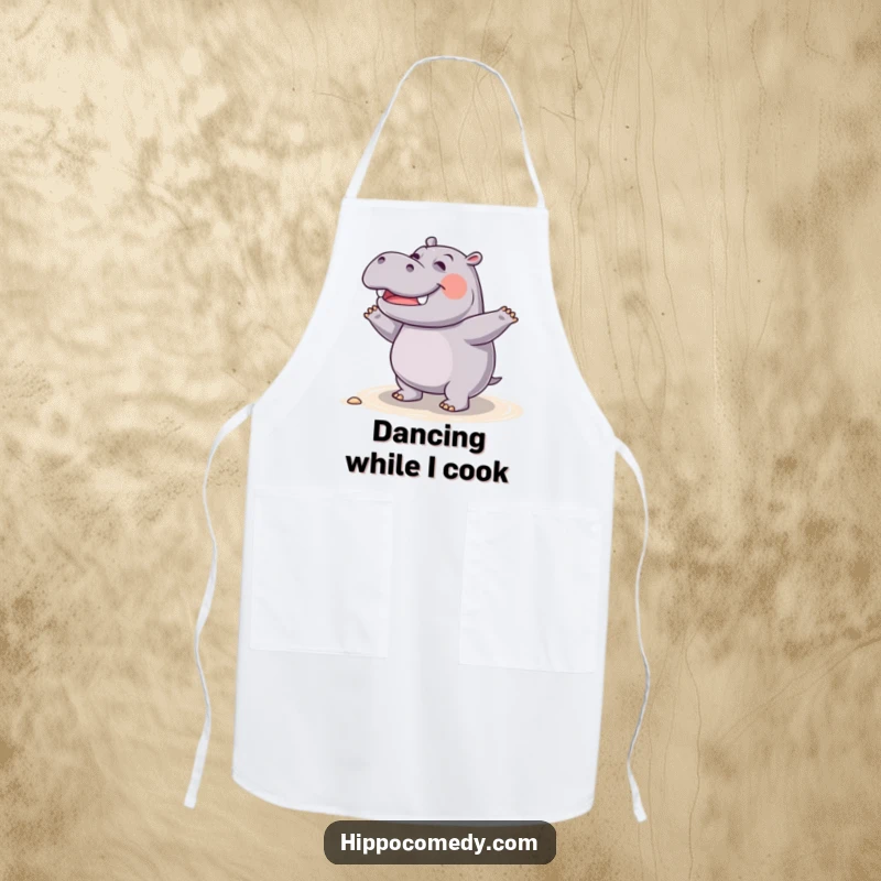 Funny giggling hippo apron, depicting a hippo doing a silly dance on the shore, ready for kitchen fun.