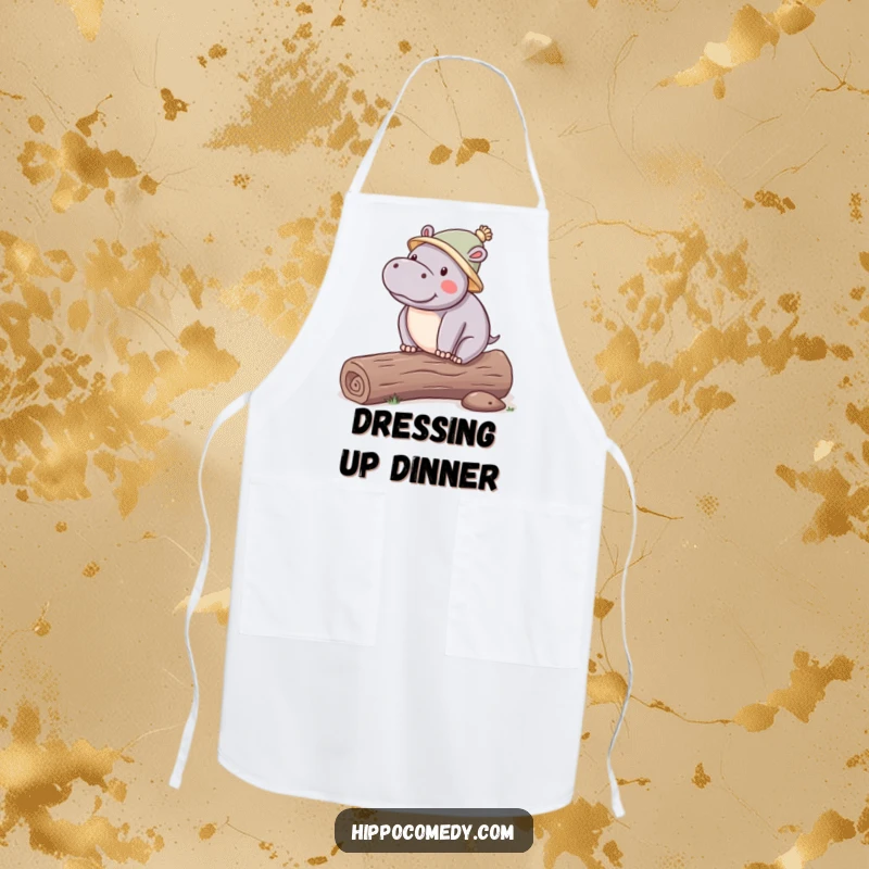 Funny Hippo Hat Apron for kitchen fun, showing a kawaii hippopotamus in a hat balancing on a log, protecting your clothes humorously.