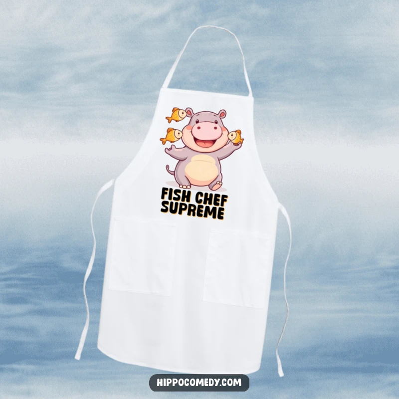 Funny happy hippo apron showing a smiling hippopotamus juggling three small fish, perfect for kitchen tasks with skilled, humorous flair.