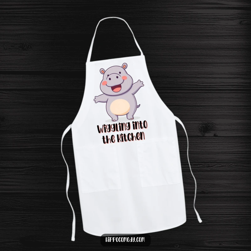 Funny apron with a happy hippopotamus doing a silly wiggle dance, great for kitchen fun.