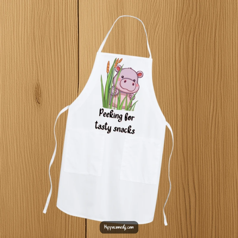Funny apron with a little hippopotamus shyly peeking from behind reeds, great for kitchen fun.