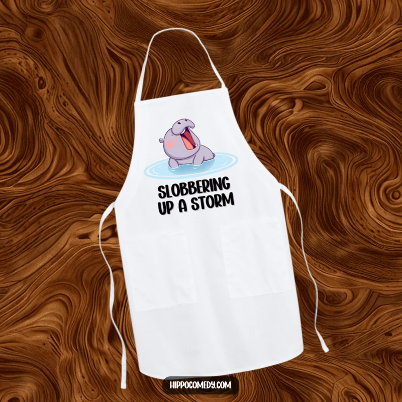 Funny hippo yawning in a calm pond, printed on a durable apron, making kitchen tasks more amusing.