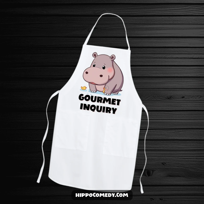 Funny hippo with curious gaze observing a tiny duck on a kitchen apron, humorous and charming.