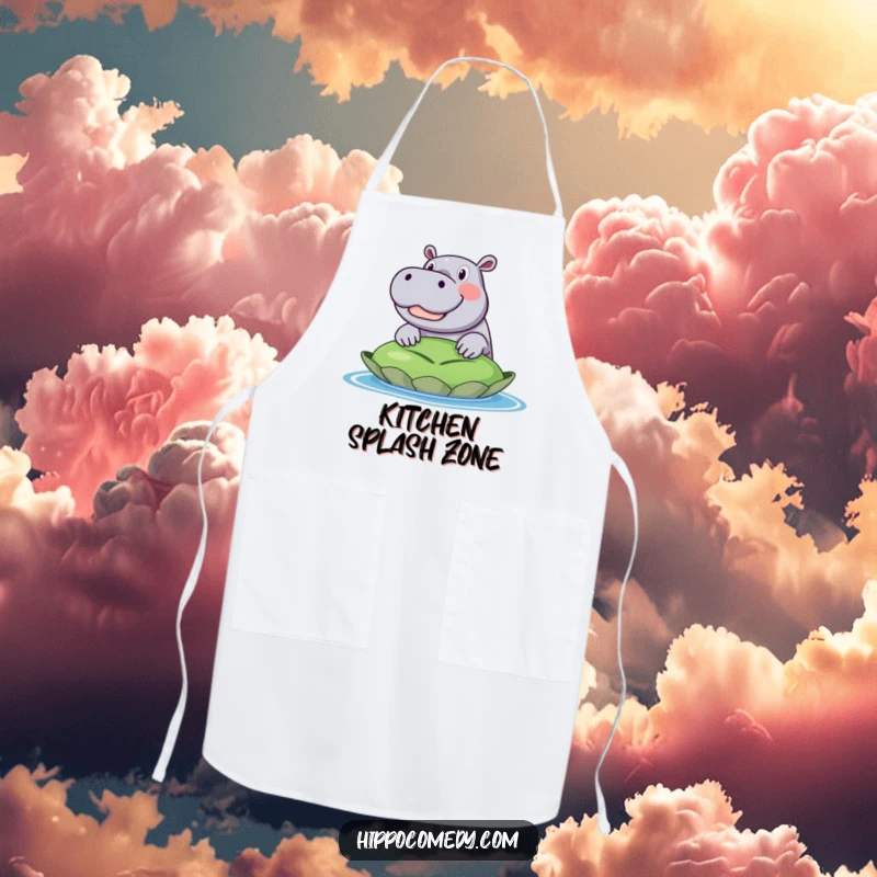 Funny apron design showing an excited hippo grinning widely as it peeks over a giant lily pad. Whimsical kitchen wear.
