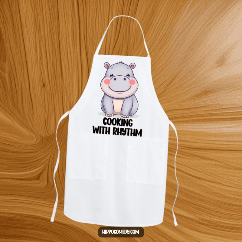 Funny happy hippo with shiny skin doing a little wiggle, printed on a durable apron for joyful cooking.