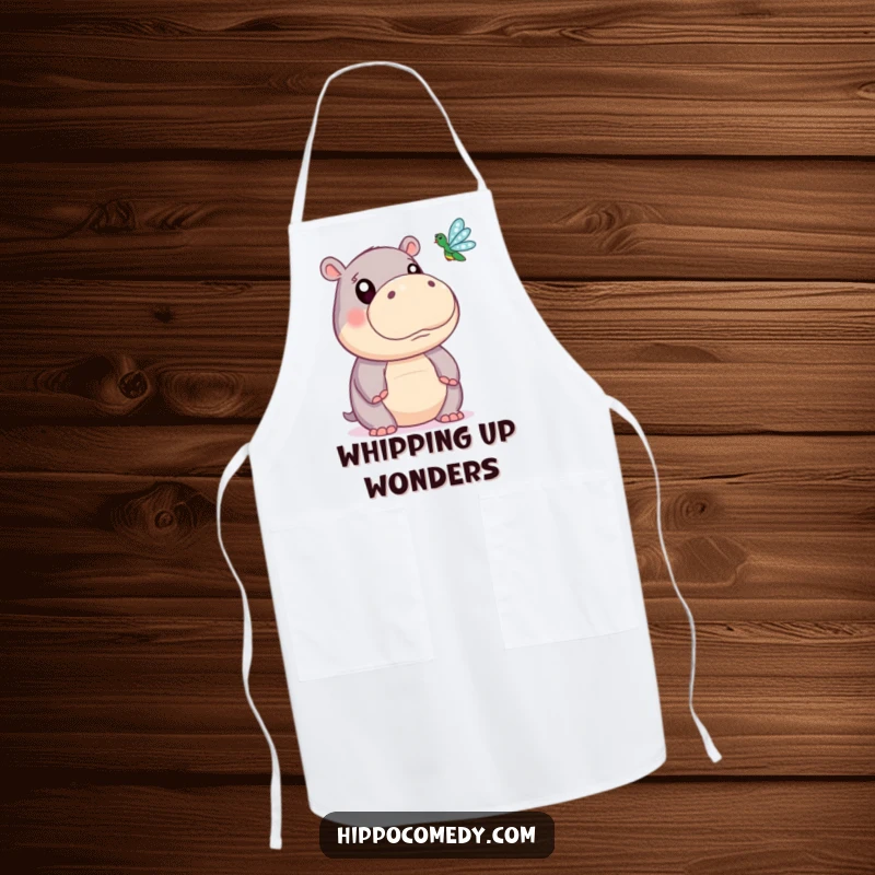 Funny apron with a cute hippopotamus character, its wide eyes observing a small dragonfly, designed for kitchen fun and protection.