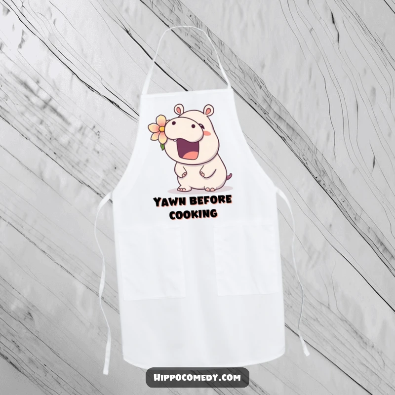 Funny kawaii hippo apron showing a cute hippopotamus with a flower, yawning widely, perfect for kitchen tasks with a relaxed, humorous vibe.