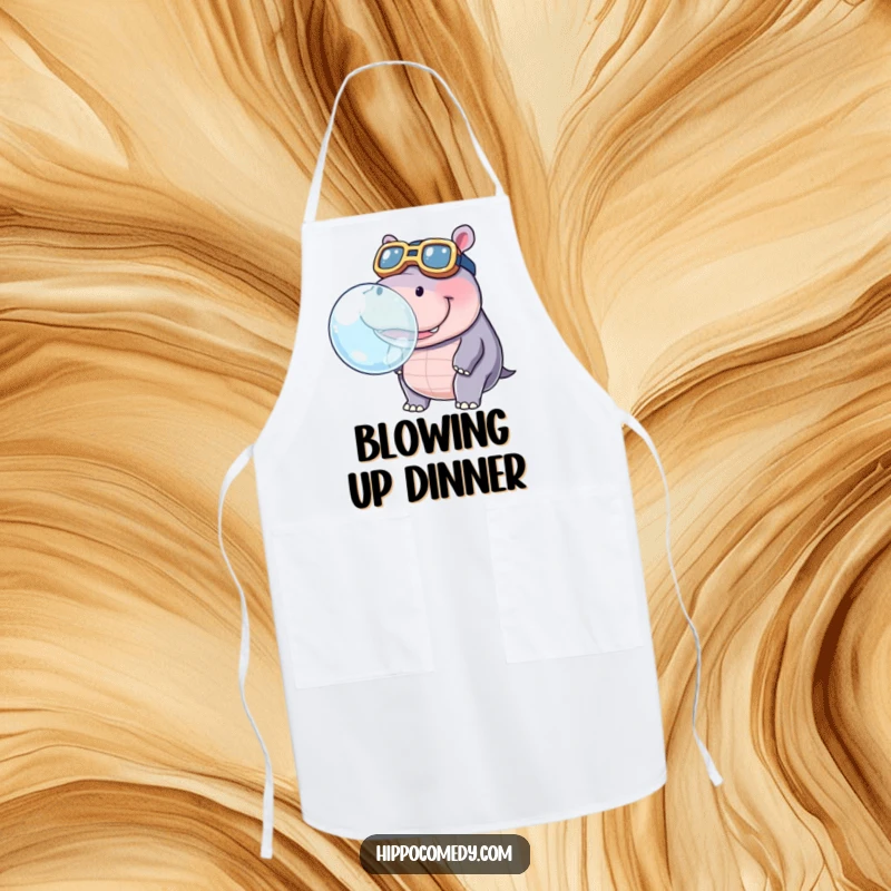 Funny apron of a kawaii hippopotamus wearing oversized goggles, blowing a large bubble while cooking, perfect for chefs.