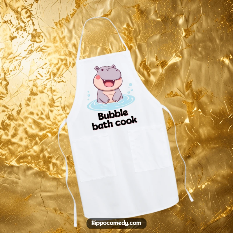 Funny apron showing a hippopotamus joyfully emerging from a bubbly pool, bringing a fun and refreshing vibe to the kitchen.