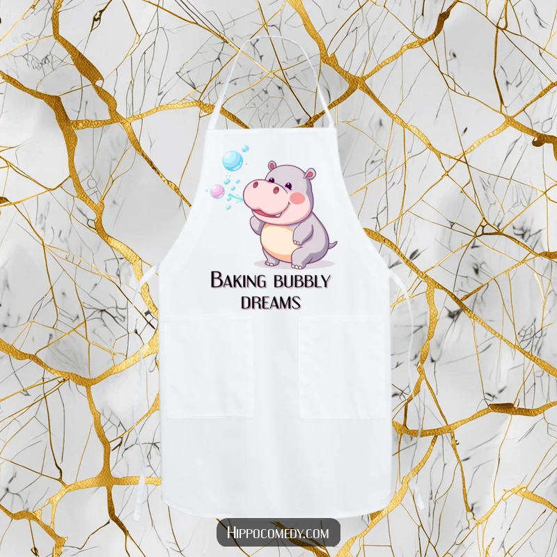 Funny Apron: A playful hippopotamus blows a stream of rainbow bubbles, ready to add magic to the kitchen.
