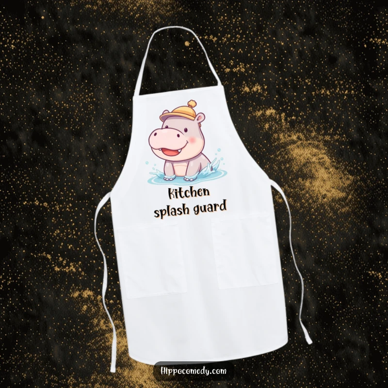 Funny apron featuring a smiling hippopotamus cub wearing a hat, ready for a silly splish-splash, keeping you clean.