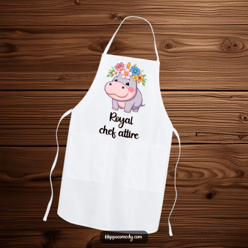 Funny hippo apron, wearing a beautiful crown of flowers, ready for kitchen duties with regal flair.