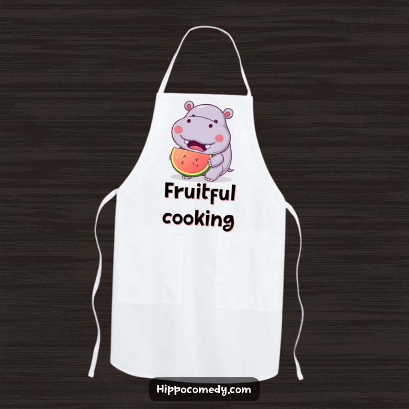Funny Hippo Fruit Apron for joyful cooking, featuring a kawaii hippopotamus with a happy expression, eating a large fruit, while protecting clothes.