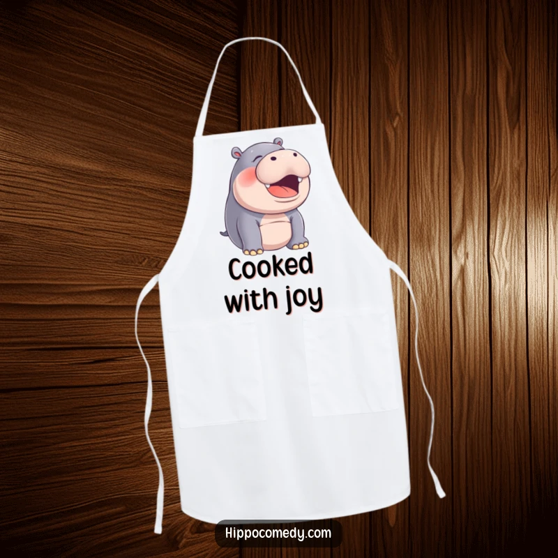 Funny hippo with mouth open in a silent, joyful laugh on a kitchen apron, a humorous cooking essential.