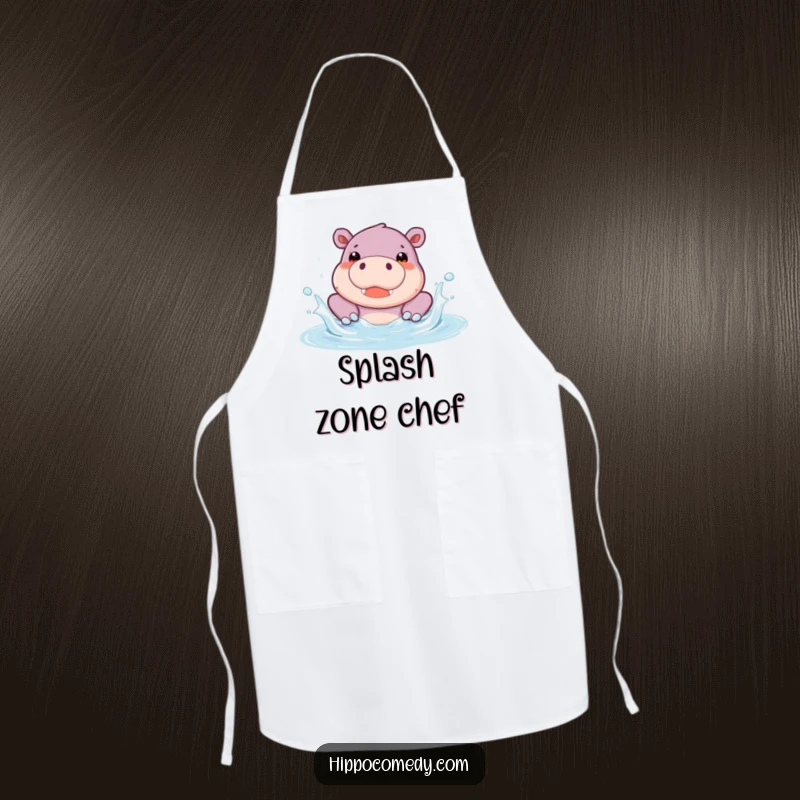 Funny Hippo Pool Apron showcasing a cute hippopotamus character splashing joyfully in a pool. Practical kitchen wear with a humorous and fun animal theme.