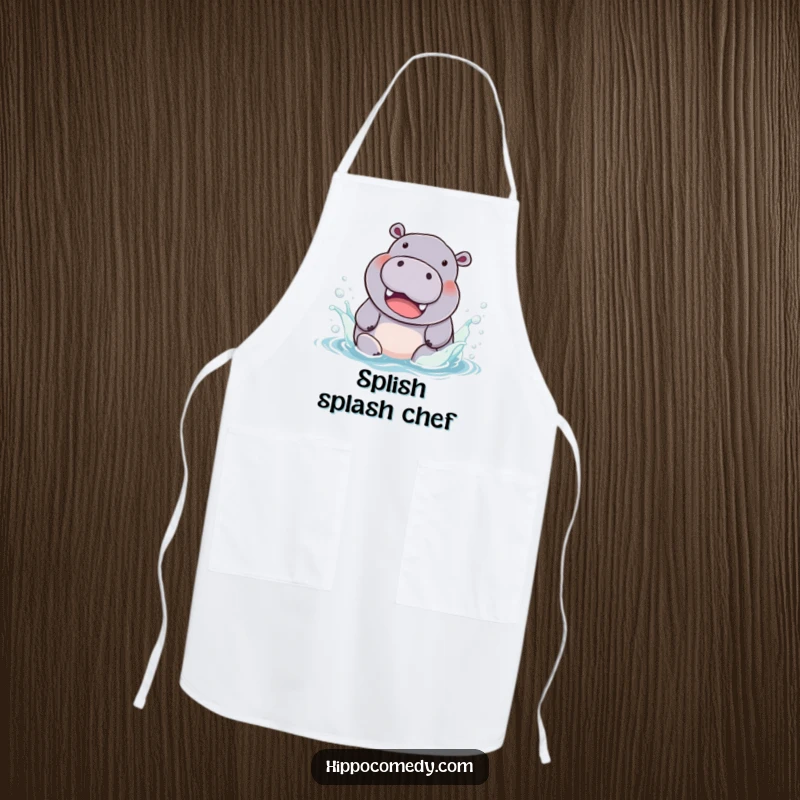 Funny Apron: A chubby hippopotamus with a joyful smile splashes in colorful water, ready for kitchen duty.