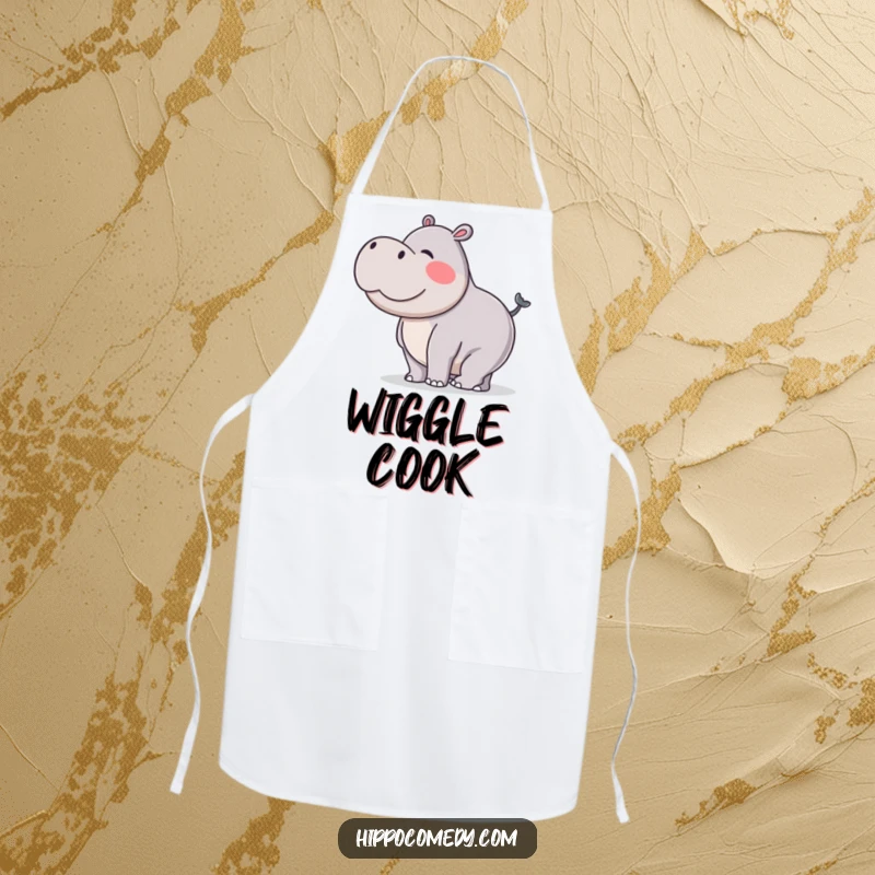Funny apron showing a hippopotamus doing a silly wiggle with its stubby tail, bringing a humorous and lively vibe to the kitchen.