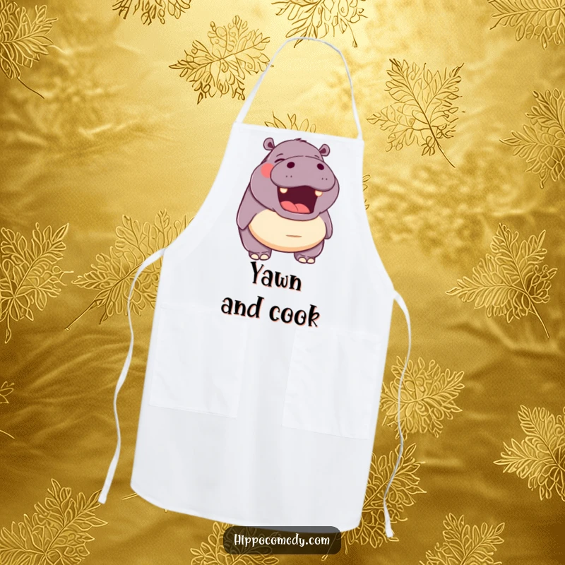 Funny apron showing a hippopotamus with its mouth open in a happy yawn, bringing a peaceful and humorous touch to the kitchen.