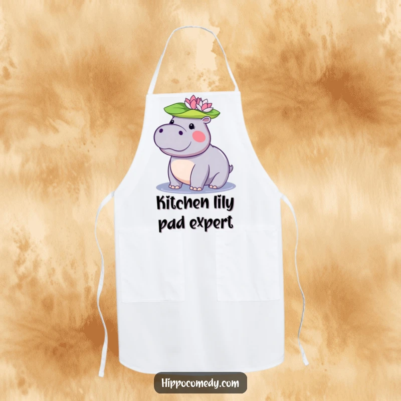 Funny kawaii hippopotamus apron featuring a cute hippo balancing a lily pad on its head, ideal for kitchen use.