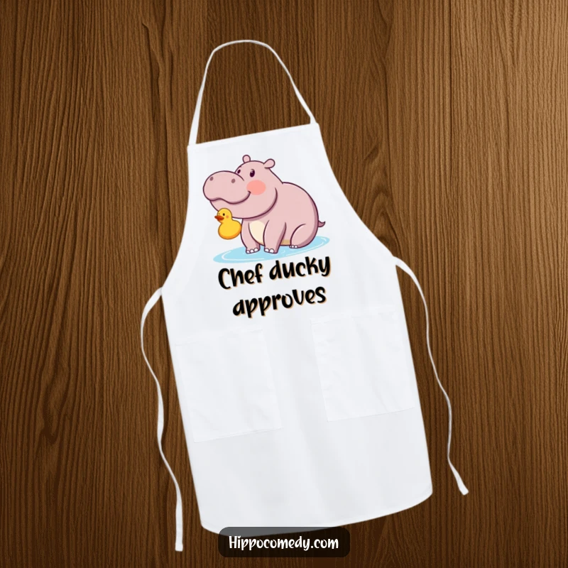 Funny kawaii hippopotamus looking with delight at a floating rubber ducky on an apron, bringing comical joy to the kitchen.