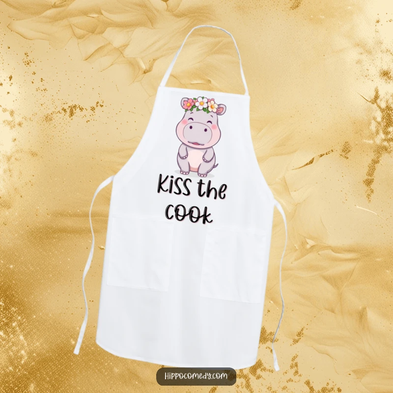 Funny kawaii hippo apron showing a cute hippo in a flower crown blowing a kiss, perfect for a sweet baker.