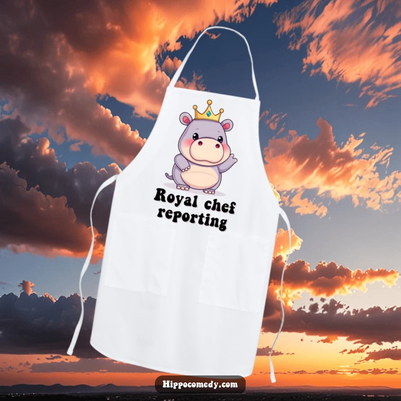 Funny kawaii hippopotamus wearing a tiny crown, striking a funny pose on an apron, perfect for comical kitchen royalty.