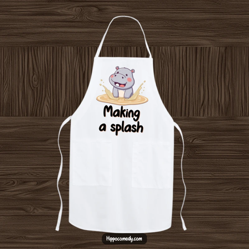 Funny kawaii hippo apron showing a cute hippo joyfully splashing in mud, perfect for a messy but fun cook.