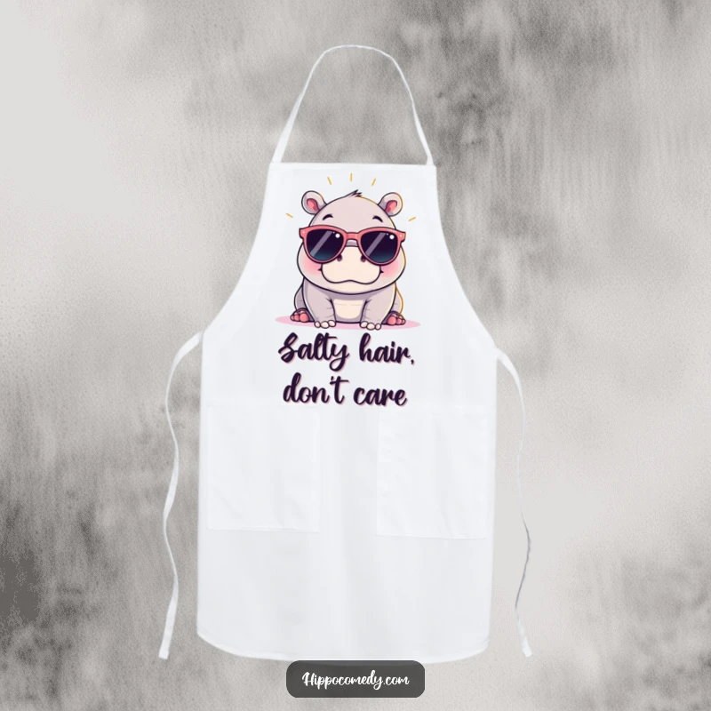 Funny kawaii hippopotamus wearing oversized sunglasses, ready to cook in a chef apron, bringing sunny humor to the kitchen.