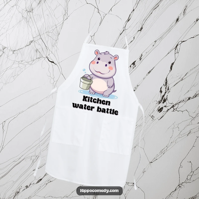 Funny kawaii hippo apron, holding a bucket and looking ready for a water fight, ideal for adding playful fun to kitchen tasks.