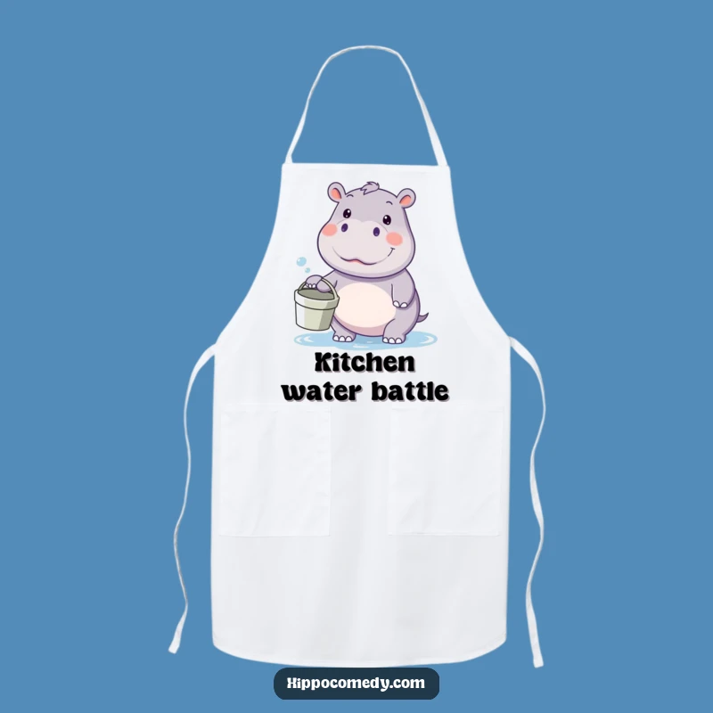 Funny kawaii hippo water fight apron, a fun kitchen gift, showing a hippo ready for a splash.
