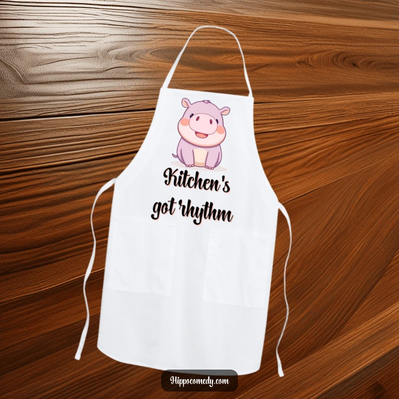 Funny kawaii hippopotamus playfully wiggling its tiny ears with delight, on a practical and cute kitchen apron.