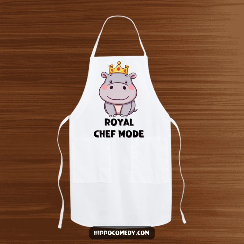 Funny Hippo Crown Apron: A silly cartoon hippo wears a small crown and a pleased expression, making it a regal kitchen accessory.