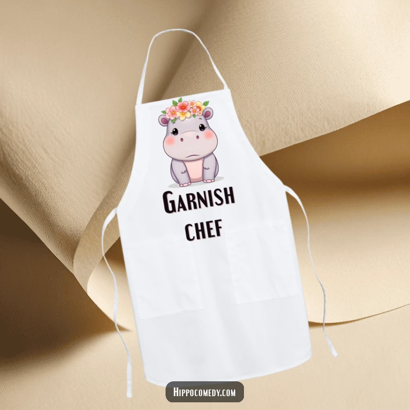 Funny hippo adorned with a delicate flower crown on a kitchen apron, a humorous and practical accessory.