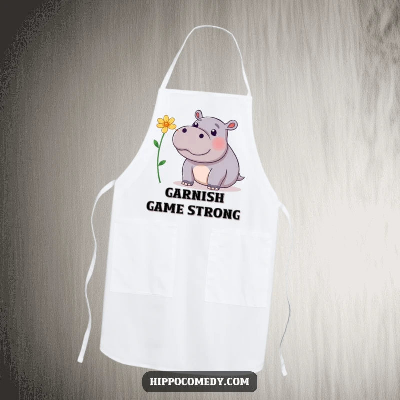 Funny Apron: A playful hippopotamus balancing a flower on its nose, perfect for adding charm to kitchen activities.
