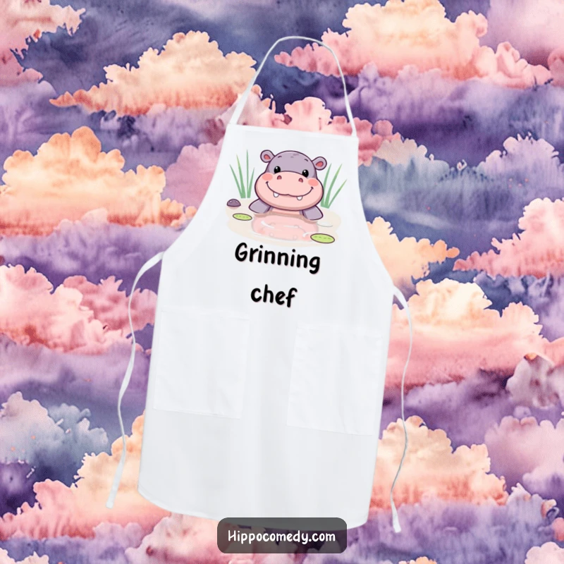Funny kawaii hippo apron showing a cute hippo peeking from a pond with a wide smile, perfect for a happy cook.