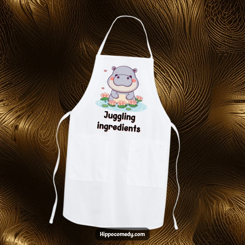 Funny kawaii hippo apron showing a cute hippo playfully juggling water lilies with its snout, perfect for a kitchen entertainer.