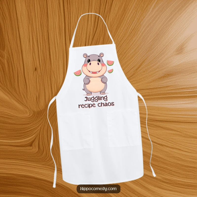 Funny Apron: A giggling hippopotamus juggles three shiny watermelons, ready for kitchen fun.