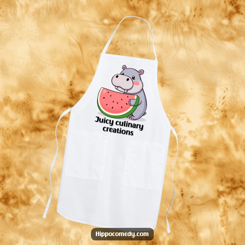 Funny apron featuring a kawaii hippopotamus offering a giant watermelon slice, making kitchen tasks cute and humorous for gift recipients.