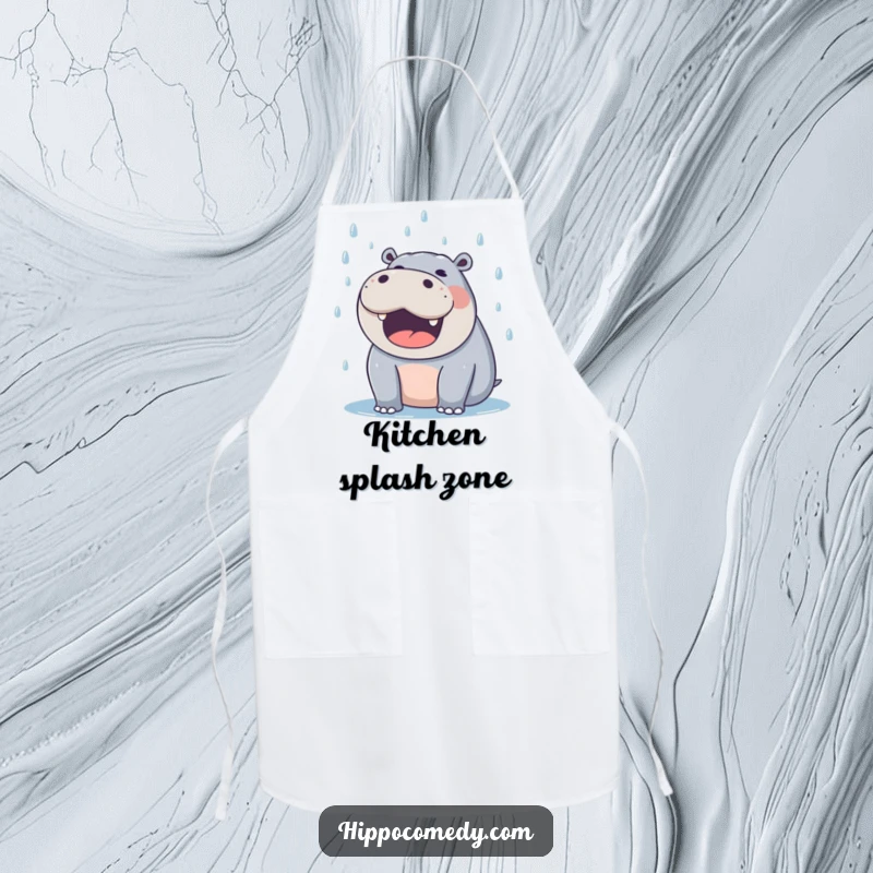 Funny hippo apron depicting a delighted hippo, mouth agape, catching falling raindrops while cooking.