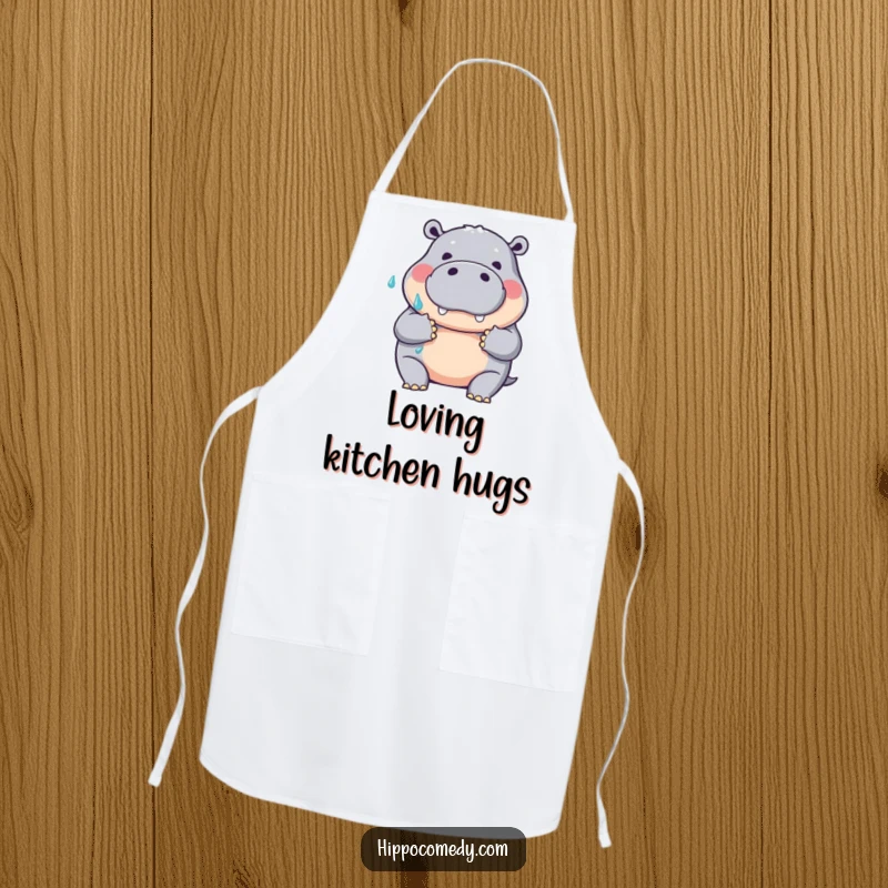 Funny apron featuring a friendly hippopotamus making a big, wet hug gesture, making kitchen tasks humorous and warm for gift recipients.