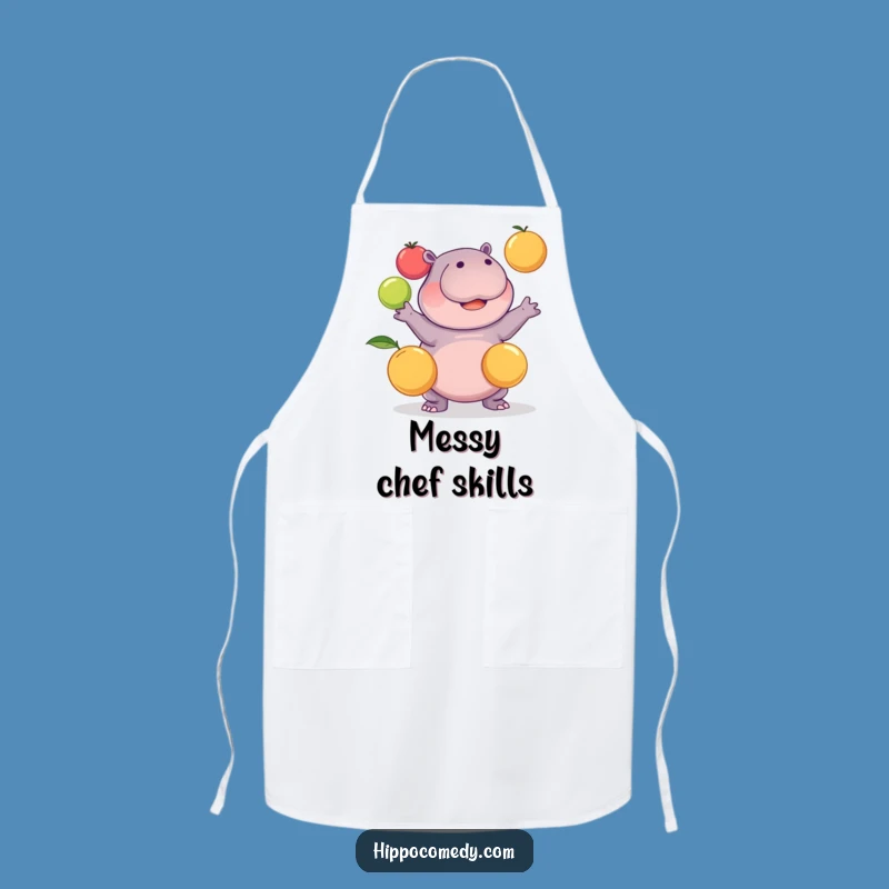 Funny Kawaii Hippo Juggling Fruits Apron: Cook with Comic Flair