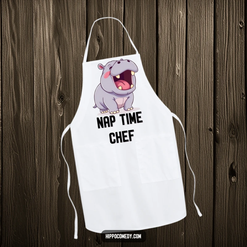 Funny Yawning Hippo Apron for culinary fun, featuring a kawaii hippopotamus yawning adorably while protecting your clothes.