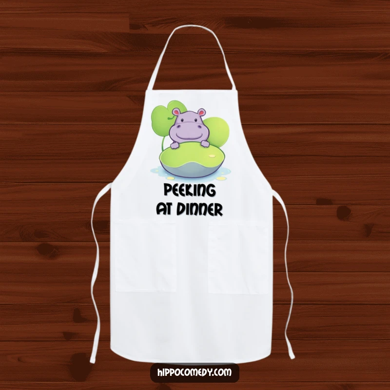 Funny apron depicting a hippopotamus peeking from behind a lily pad, ideal for chefs who enjoy playful kitchen fun.