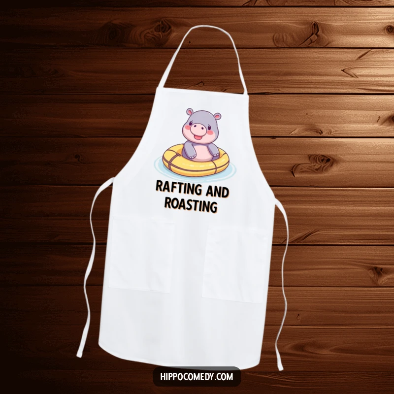 Funny tiny hippo apron, showing a happy hippo peacefully floating on a toy raft, ideal for kitchen fun.