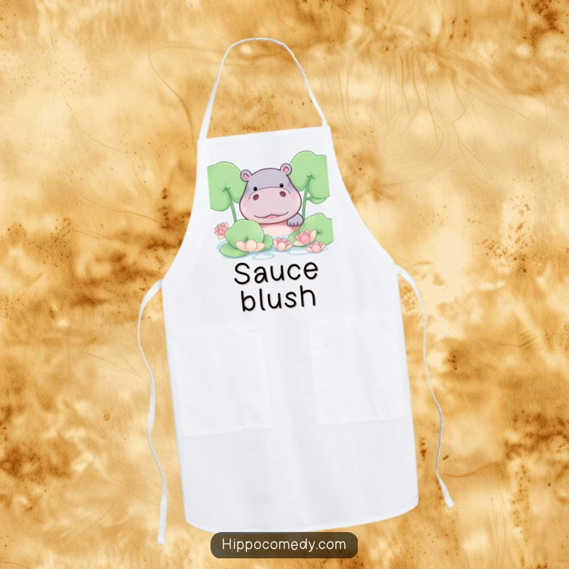 Funny hippo with shy blush, peeking from lily pads on a kitchen apron, humorous and cute.