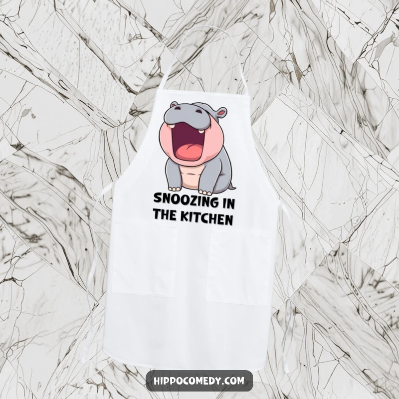 Funny apron with a sleepy hippopotamus yawning widely, perfect for kitchen humor and as a unique gift.